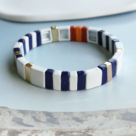 Roxanne Assoulin Project Stripe Enameled Stretch Bracelet Gold Navy White - Picture 1 of 4